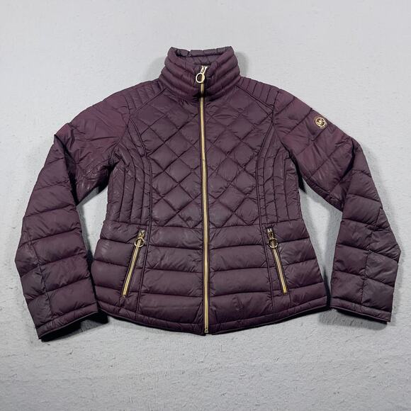 Michael Kors Down Puffer‎ Jacket Women Medium Burgundy Quilted Gold Zip Packable - Picture 1 of 8